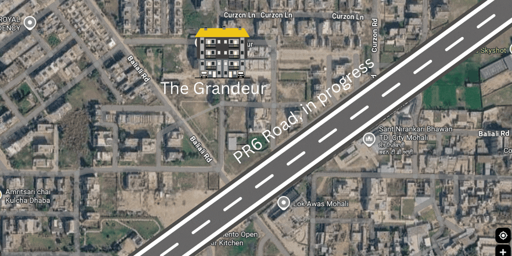 The Grandeur location map — Sector 117, TDI City, Mohali, showing the TDI Club and the PR-6 road