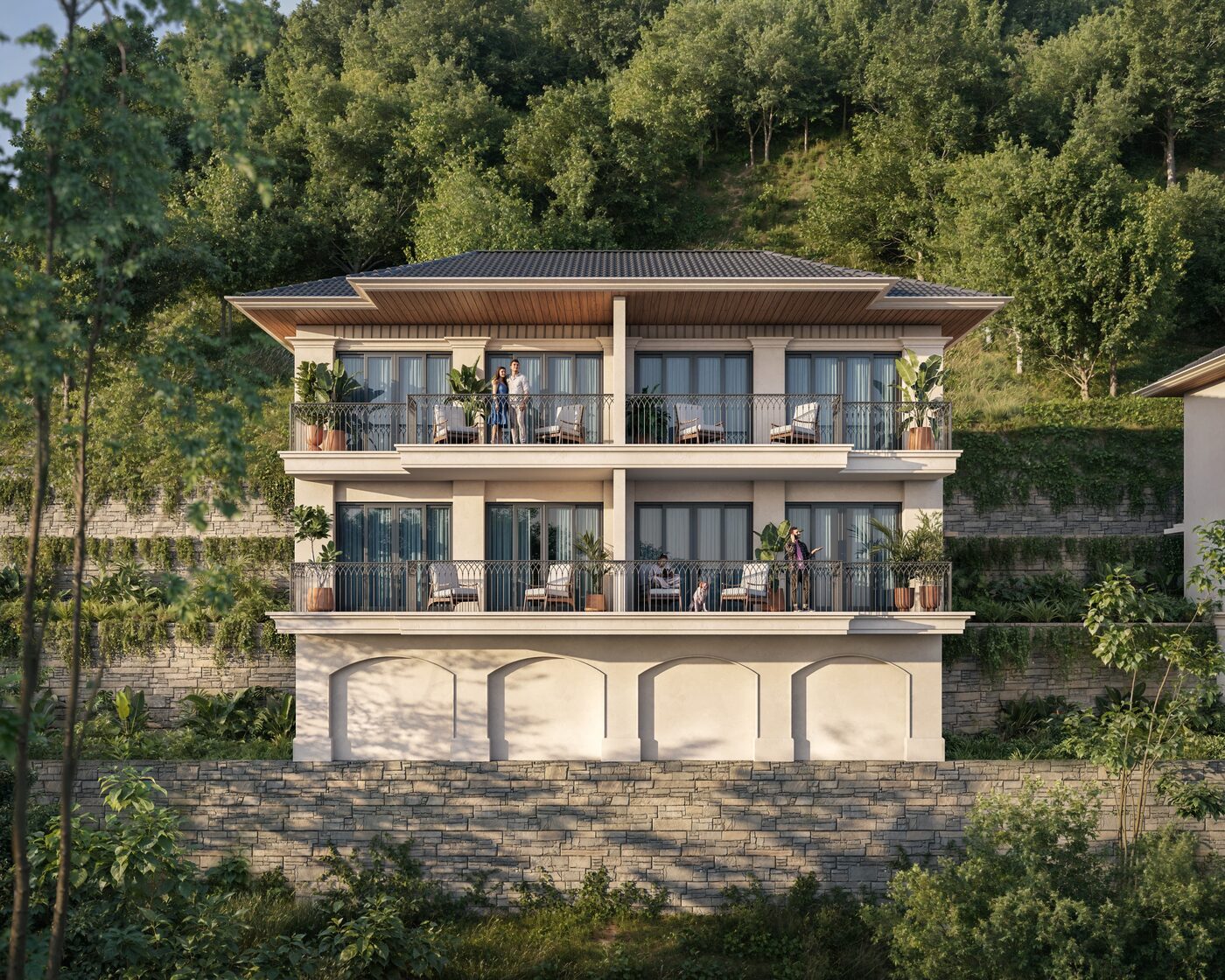 Developer render of a three-level residence built into a wooded slope at The Vilasya, Kufri