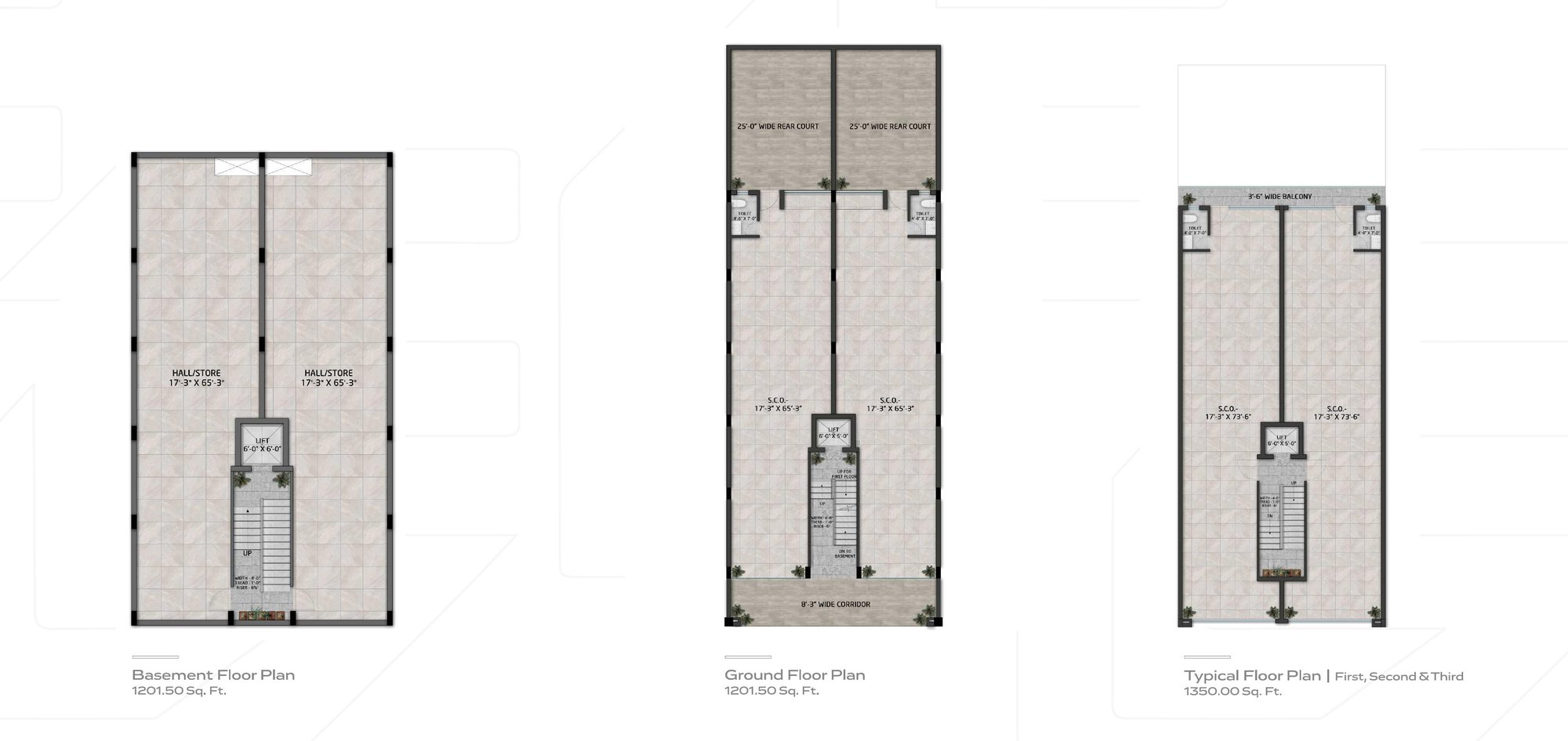 Floor plans for an 18 × 100 ft SCO at TDI South Ex-I — basement, ground and typical floor