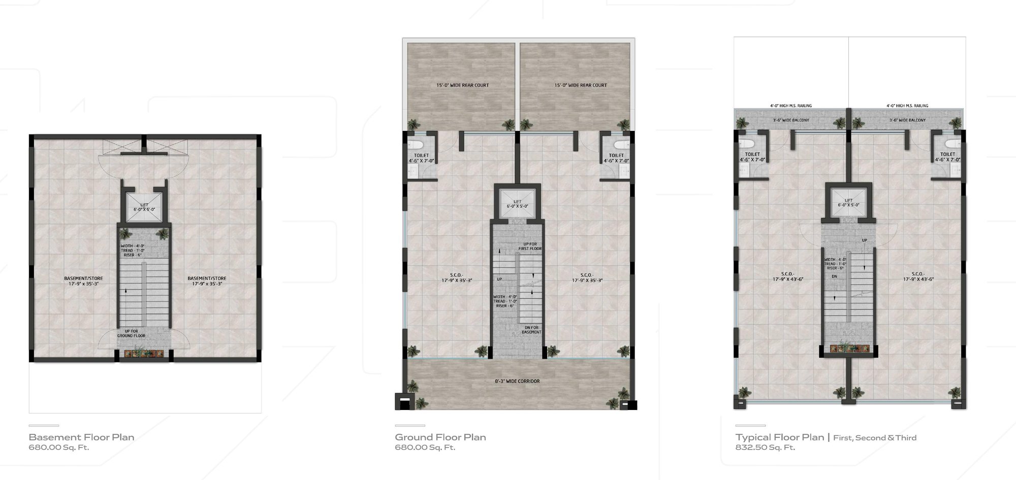 Floor plans for an 18.5 × 60 ft SCO at TDI South Ex-I — basement, ground and typical floor