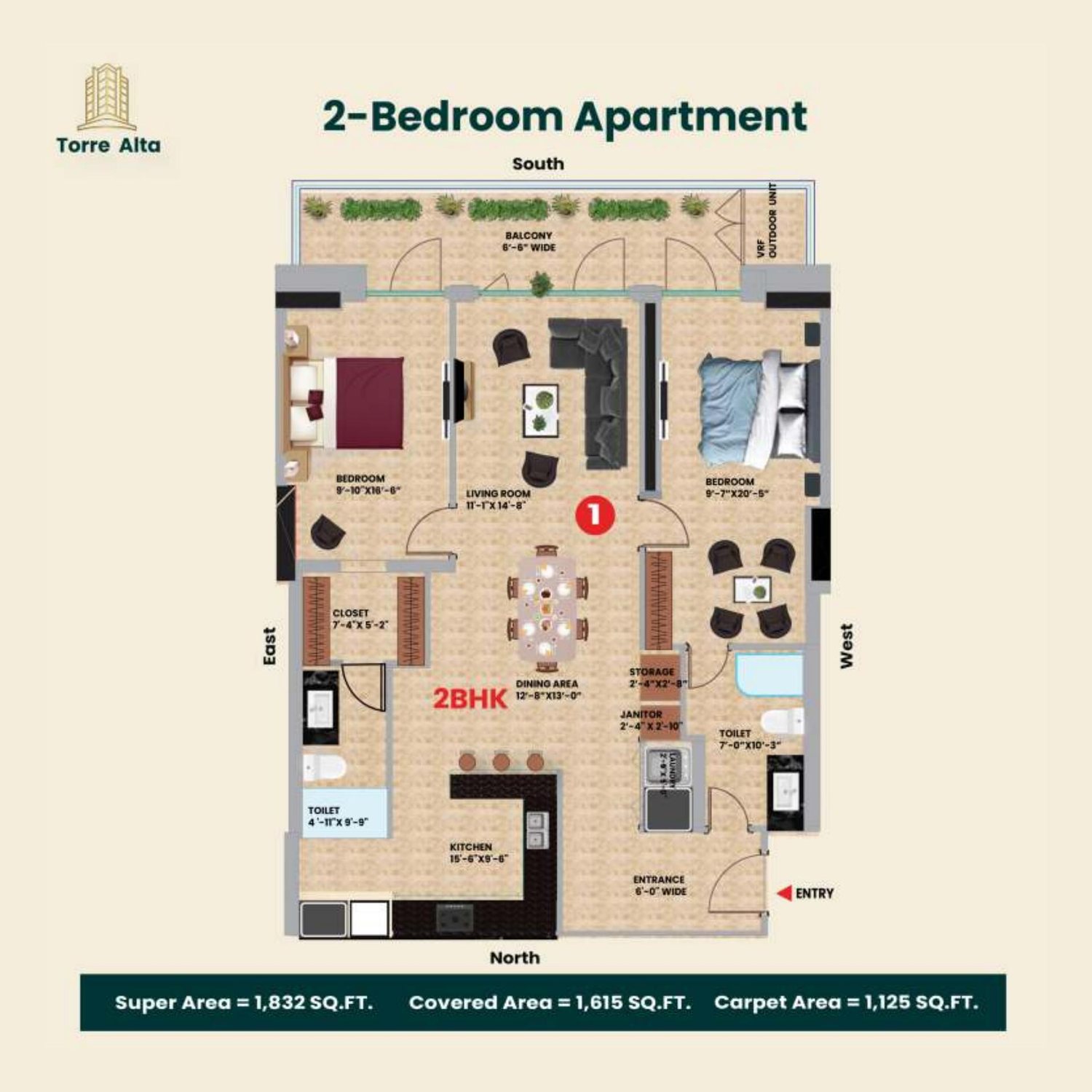 2 BHK floor plan, Torre Alta, Sector 75 Mohali