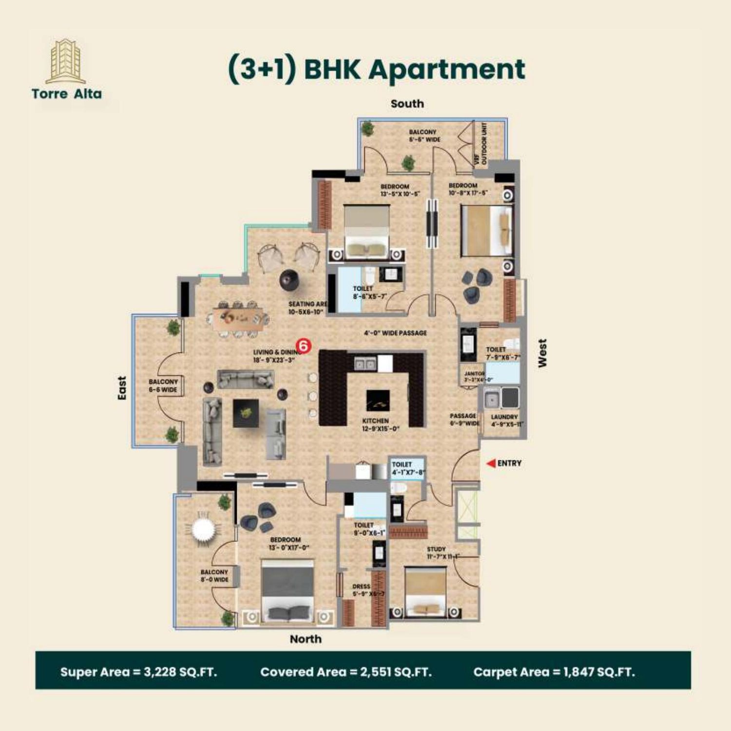 3+1 BHK floor plan, Torre Alta, Sector 75 Mohali