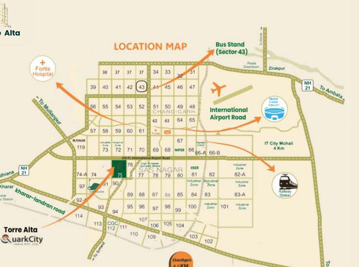 Location map of Torre Alta, Sector 75 Mohali, on the Airport Road