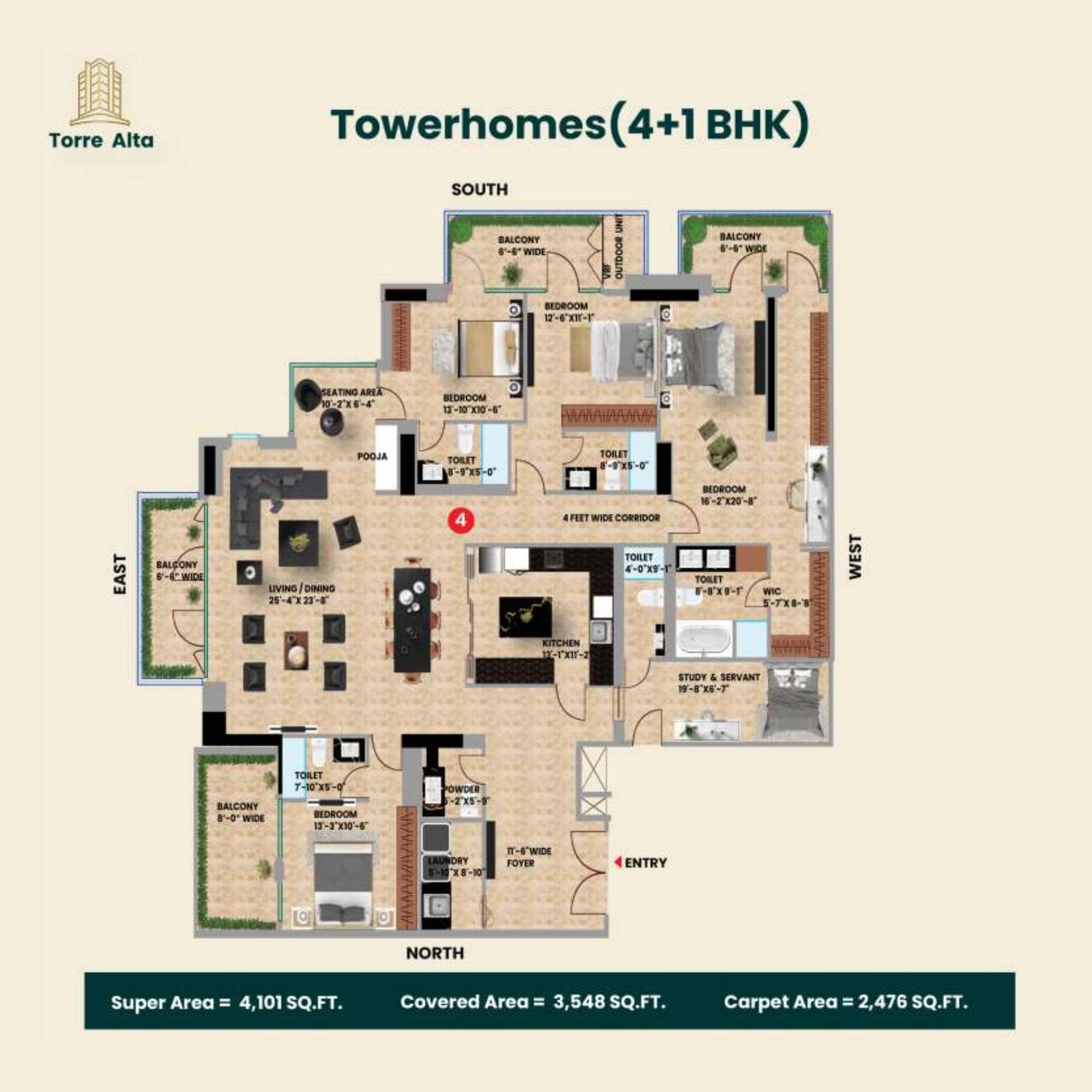 Towerhome, 4+1 BHK floor plan, Torre Alta, Sector 75 Mohali