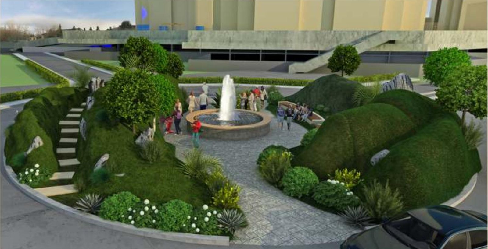 Landscaped fountain court — architectural render